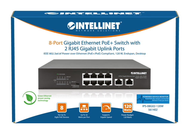 Switch Ethernet Gigabit 8 Porte PoE+ con 2 porte RJ45 Gigabit Uplink