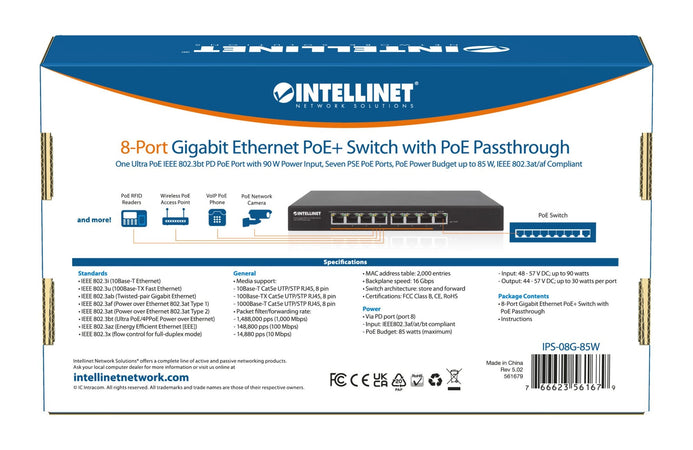 Switch PoE+ Gigabit Ethernet a 8 porte con passthrough PoE
