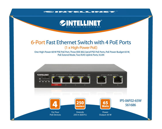 Fast Ethernet Switch a 6 porte con 4 porte PoE (1 x High-Power PoE)