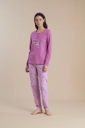 Pigiama donna in cotone con maglia a manica lunga e pantalone lungo con stampa - Noi di notte 9008