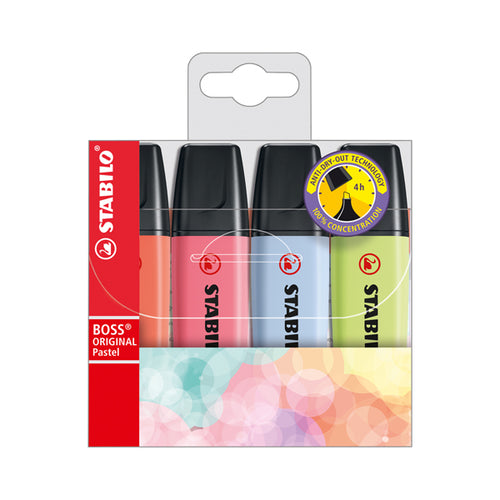 Astuccio 4 Evidenziatori Stabilo Boss Pastel Lime/Ciliegio/Ghiaccio/Corallo