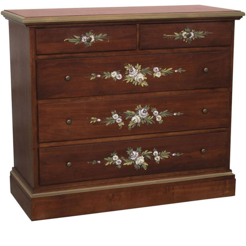 MOBILI 2G - Cassettiera arte povera 5 cassetti legno noce scuro decori 117x51X101