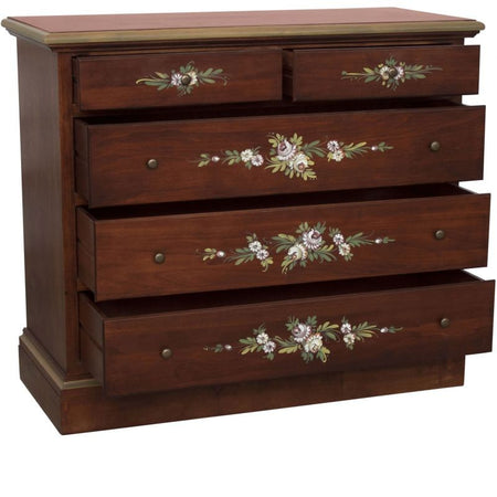MOBILI 2G - Cassettiera arte povera 5 cassetti legno noce scuro decori 117x51X101