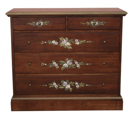MOBILI 2G - Cassettiera arte povera 5 cassetti legno noce scuro decori 117x51X101
