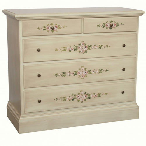 MOBILI 2G - Cassettiera 5 cassetti legno shabby avorio anticato decori 117x51X101