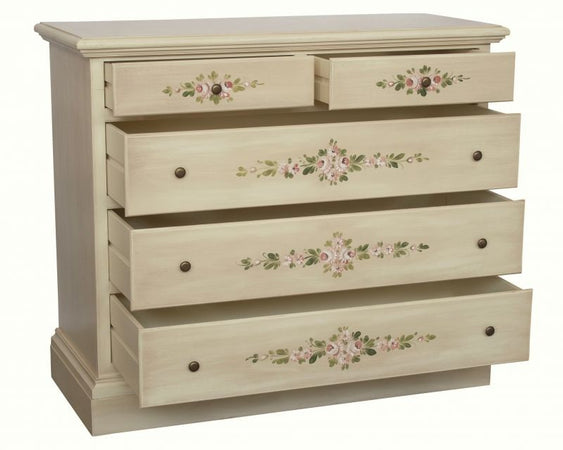 MOBILI 2G - Cassettiera 5 cassetti legno shabby avorio anticato decori 117x51X101