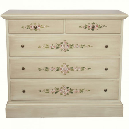 MOBILI 2G - Cassettiera 5 cassetti legno shabby avorio anticato decori 117x51X101