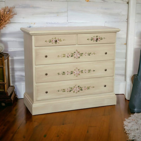 MOBILI 2G - Cassettiera 5 cassetti legno shabby avorio anticato decori 117x51X101