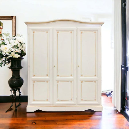 Armadio 3 ante legno shabby avorio anticato decori filo arancione 158x56X197