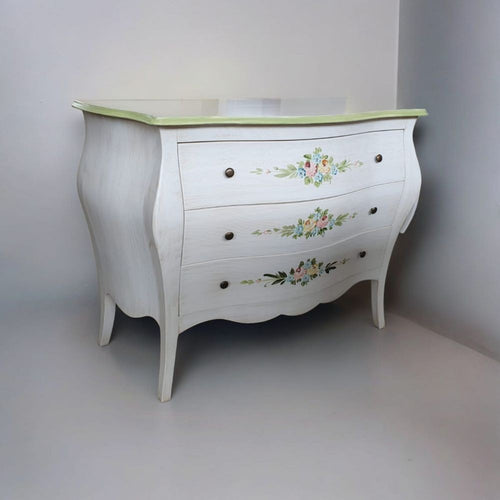 MOBILI 2G - Cassettiera 3 cassetti legno shabby bianco anticato decori filo verde 116x42X85