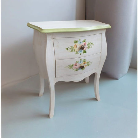 MOBILI 2G - Comodino Legno shabby bianco anticato decori filo verde 50x30x60