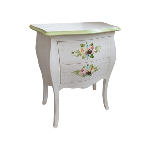 MOBILI 2G - Comodino Legno shabby bianco anticato decori filo verde 50x30x60