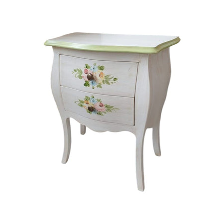 MOBILI 2G - Comodino Legno shabby bianco anticato decori filo verde 50x30x60