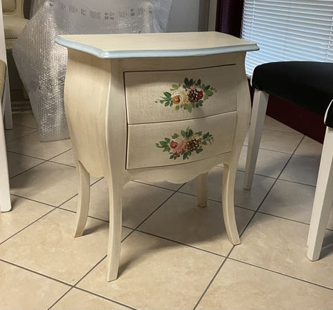 MOBILI 2G - Comodino Legno shabby avorio anticato decori filo azzurro 50x30x60
