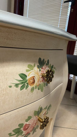 MOBILI 2G - Comodino Legno shabby avorio anticato decori filo azzurro 50x30x60