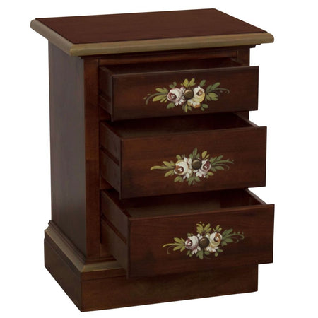 MOBILI 2G - Comodino arte povera 3 cassetti legno noce scuro decori 50x38x65
