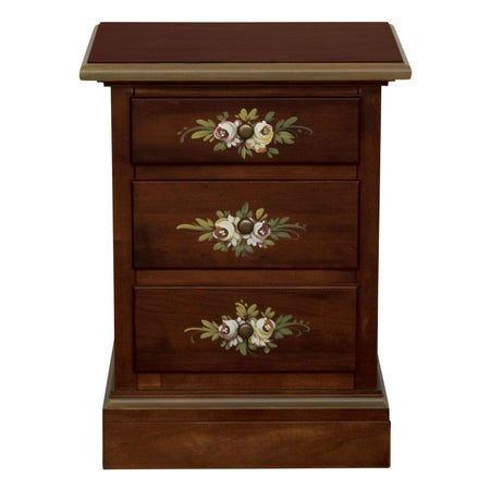 MOBILI 2G - Comodino arte povera 3 cassetti legno noce scuro decori 50x38x65
