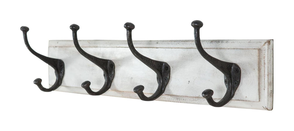 Biscottini Attaccapanni da parete in legno massiccio e ferro forgiato a mano finitura bianco anticato 60x12x16 cm