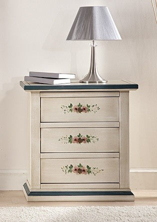 Comodino 3 cassetti legno shabby bianco anticato decori filo azzurro 60x35x64