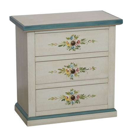 Comodino 3 cassetti legno shabby bianco anticato decori filo azzurro 60x35x64