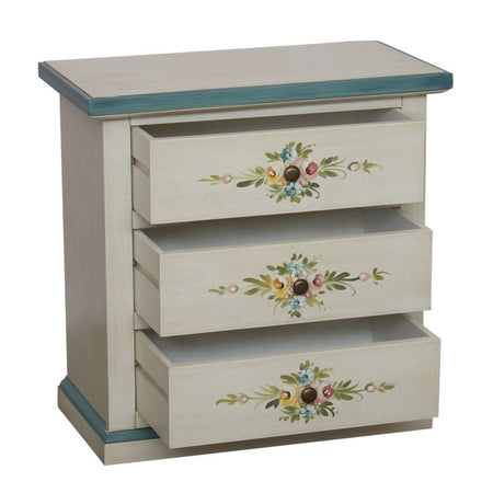 Comodino 3 cassetti legno shabby bianco anticato decori filo azzurro 60x35x64
