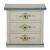 Comodino 3 cassetti legno shabby bianco anticato decori filo azzurro 60x35x64