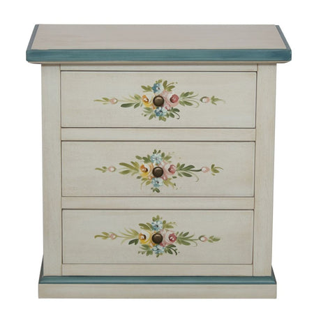 Comodino 3 cassetti legno shabby bianco anticato decori filo azzurro 60x35x64