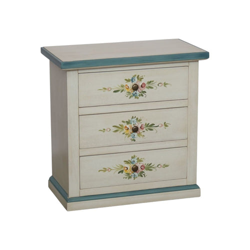Comodino 3 cassetti legno shabby bianco anticato decori filo azzurro 60x35x64