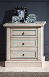 MOBILI 2G - Comodino 3 cassetti legno shabby bianco anticato decori filo azzurro 60x35x64