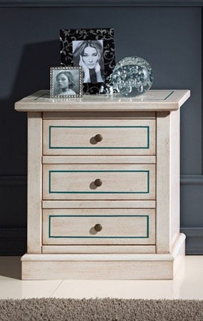 MOBILI 2G - Comodino 3 cassetti legno shabby bianco anticato decori filo azzurro 60x35x64