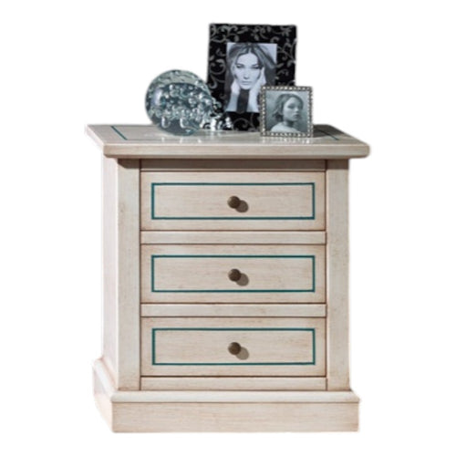 MOBILI 2G - Comodino 3 cassetti legno shabby bianco anticato decori filo azzurro 60x35x64