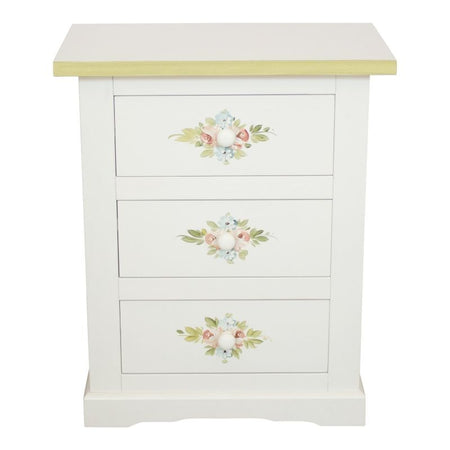 MOBILI 2G - Comodino 3 cassetti legno shabby bianco decori filo verde 60x35x64