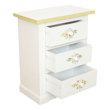 MOBILI 2G - Comodino 3 cassetti legno shabby bianco decori filo verde 60x35x64