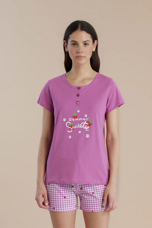 Pigiama donna in cotone con maglia manica corta e pantaloncini a quadretti - Noi di notte 9076