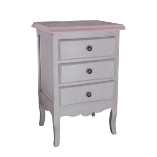 MOBILI 2G - Comodino 3 cassetti legno shabby bianco anticato decori filo rosa 42x34x64