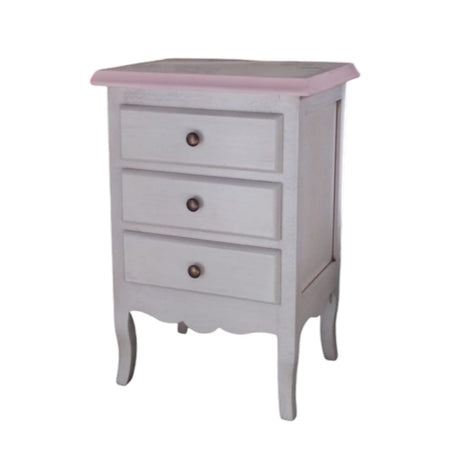 MOBILI 2G - Comodino 3 cassetti legno shabby bianco anticato decori filo rosa 42x34x64