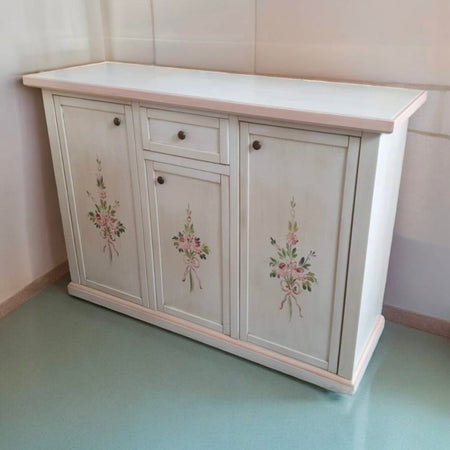 MOBILI 2G - Credenza 3 porte 1 cassetto bianco anticato decori filo rosa 120x39x85