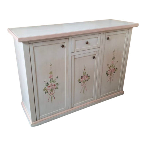 MOBILI 2G - Credenza 3 porte 1 cassetto bianco anticato decori filo rosa 120x39x85