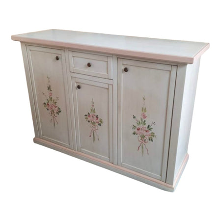 MOBILI 2G - Credenza 3 porte 1 cassetto bianco anticato decori filo rosa 120x39x85