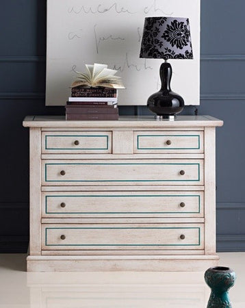 MOBILI 2G - Cassettiera 5 cassetti legno shabby bianco anticato filo azzurro 117x51X101
