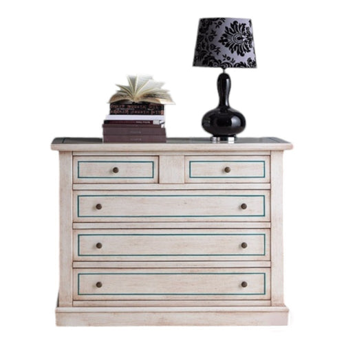 MOBILI 2G - Cassettiera 5 cassetti legno shabby bianco anticato filo azzurro 117x51X101