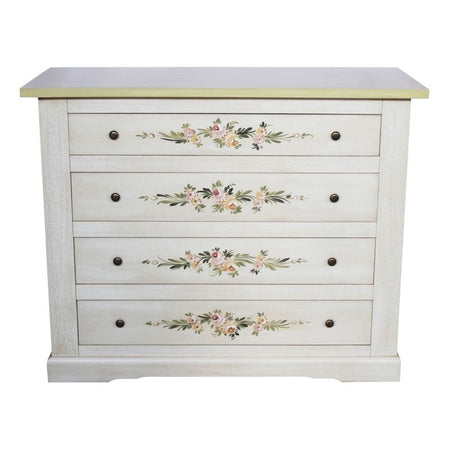 MOBILI 2G - Cassettiera 4 cassetti legno shabby bianco anticato decori filo verde 115x50X90