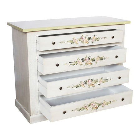 MOBILI 2G - Cassettiera 4 cassetti legno shabby bianco anticato decori filo verde 115x50X90
