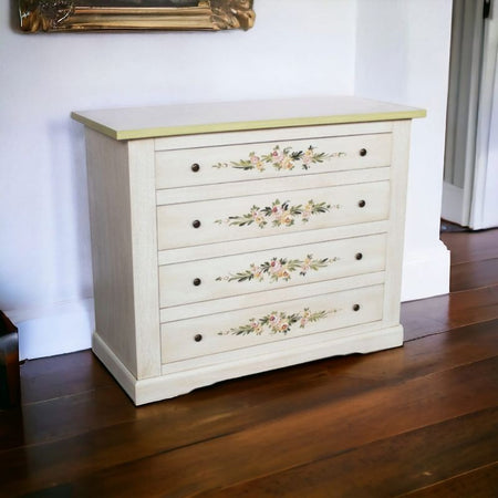 MOBILI 2G - Cassettiera 4 cassetti legno shabby bianco anticato decori filo verde 115x50X90