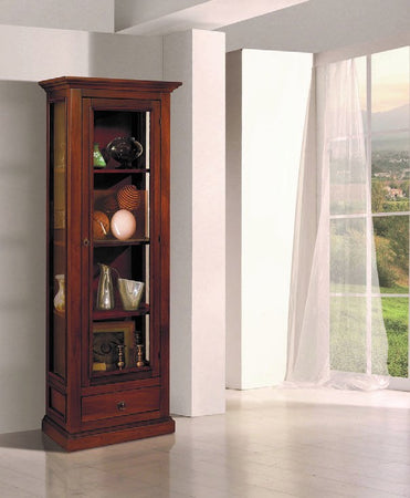 MOBILI 2G - Vetrina classica 1 anta 1 cassetto in Legno tinta noce 60X40X184