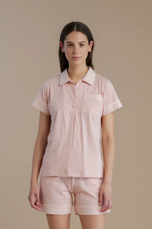 Pigiama donna in cotone con maglia stile camicia e pantalone corto - Noi di notte 9091
