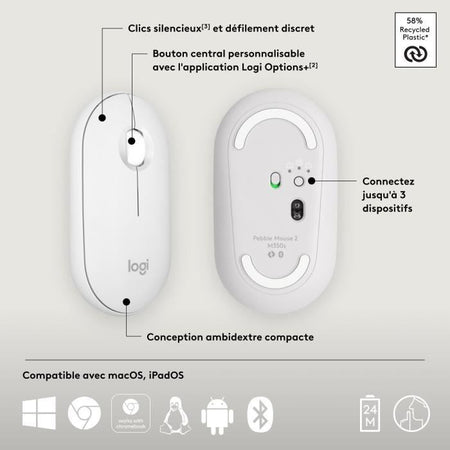 LOGITECH - Mouse senza fili - Pebble Mouse 2 M350s - Bianco - (910-007013)