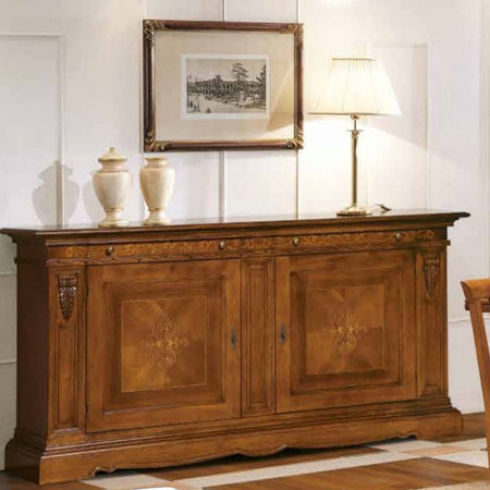 MOBILI 2G - Credenza Madia in Legno Massello 2 Ante e 2 Cassetti Noce Bassano Intarsio 213x55x108H (505F)