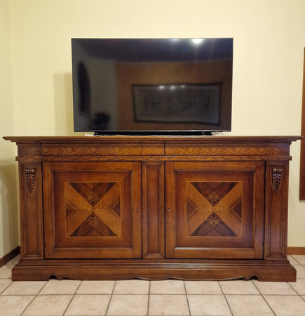 MOBILI 2G - Credenza Madia in Legno Massello 2 Ante e 2 Cassetti Noce Bassano Intarsio 213x55x108H (505F)