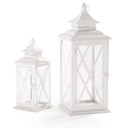 Set 2 lanterne decorative ''Monastir'' portacandela in metallo bianca per giardino e veranda